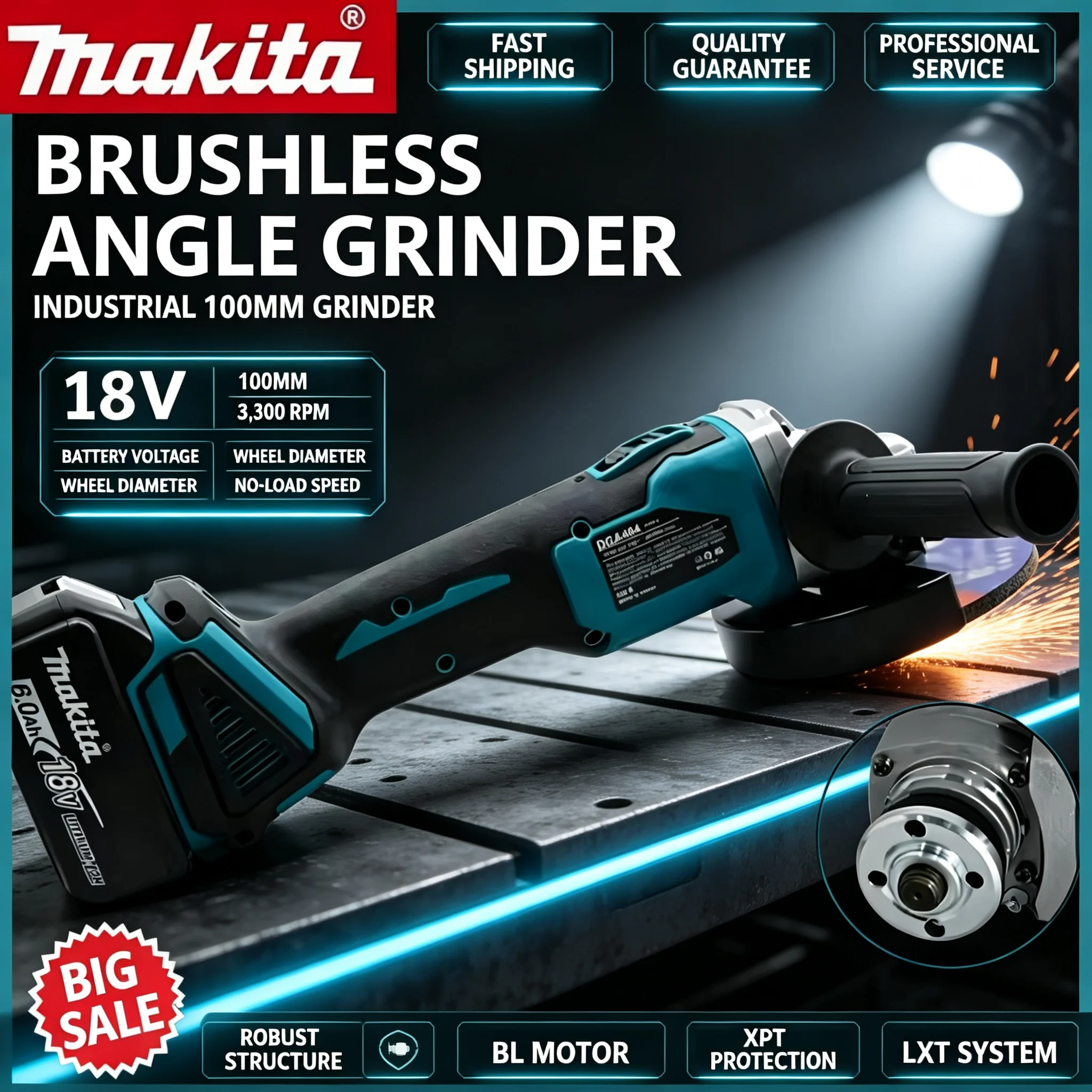 Brushless Angle Grinder Battery Powered - 100mm 고출력 마키타 DGA404 무브러시 각도