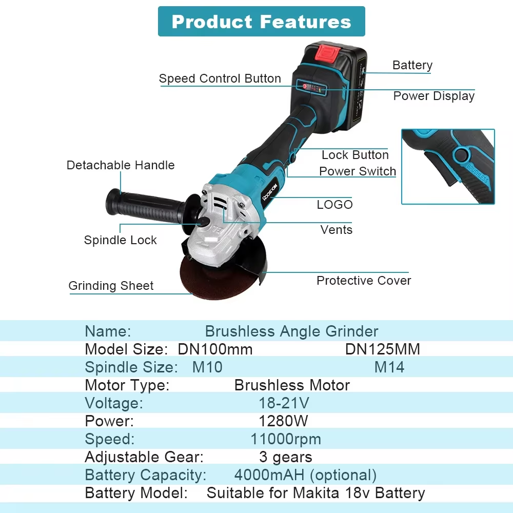 125/100mm 앵글 그라인더 브러시리스 가변 3 단 - Brushless Angle Grinder Battery Powered 리뷰 및 가격